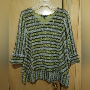 Picadilly Sweater Canada Womens Size L Green Striped Eyelash Fringed Tunic